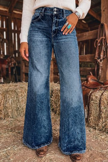 Sail Blue Acid Wash Pocket Detail Flare Jeans
