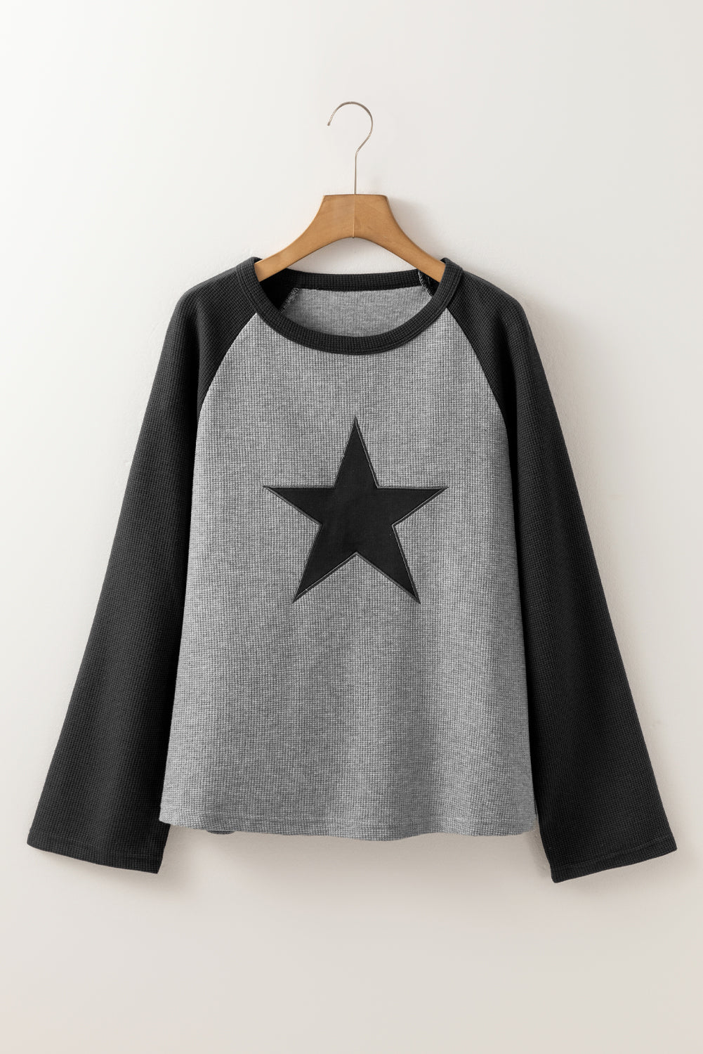 Gray Waffle Knit Colorblock Star Patch Graphic Raglan Top