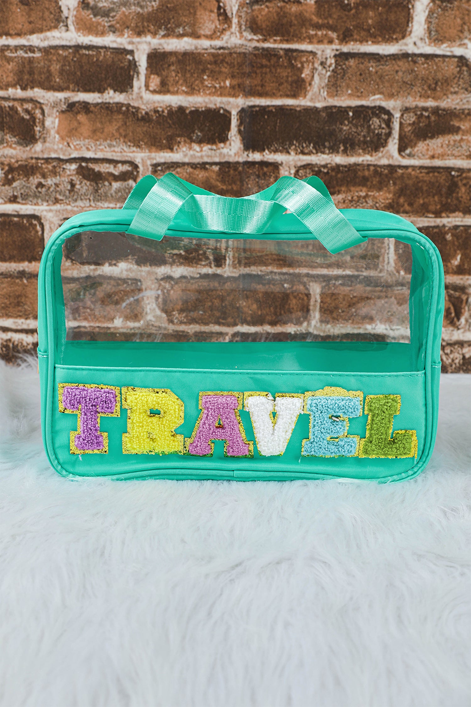 Mint Green TRAVEL Chenille Letter Clear PVC Makeup Bag