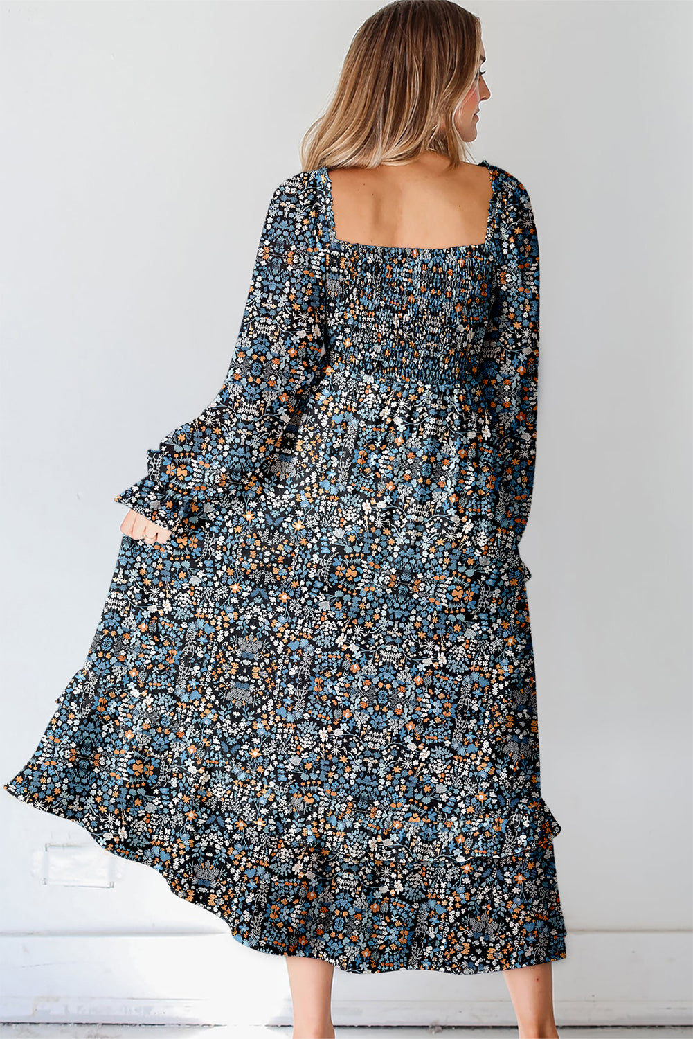 Blue Floral Print Long Sleeve Square Neck Smocked Maxi Dress