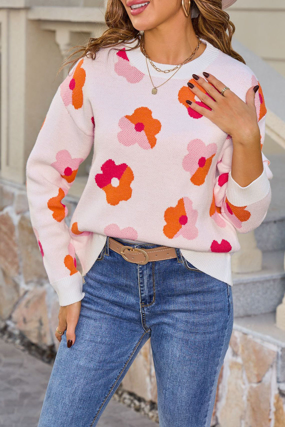 White Color Block Flower Cute Pattern Drop Shoulder Bulk Sweater