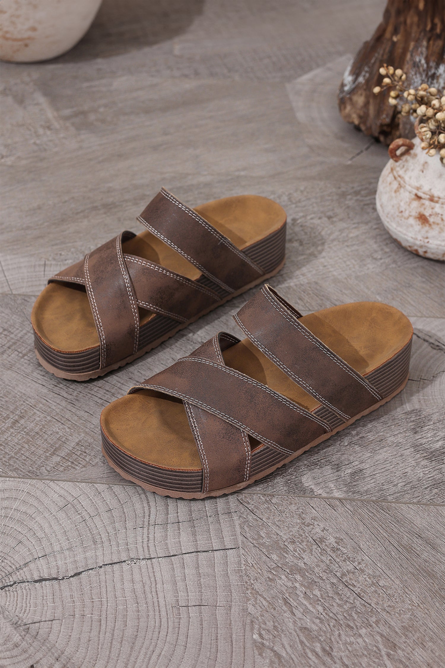 Coffee Contrast Stitch Crossed Band Retro Platform Slippers