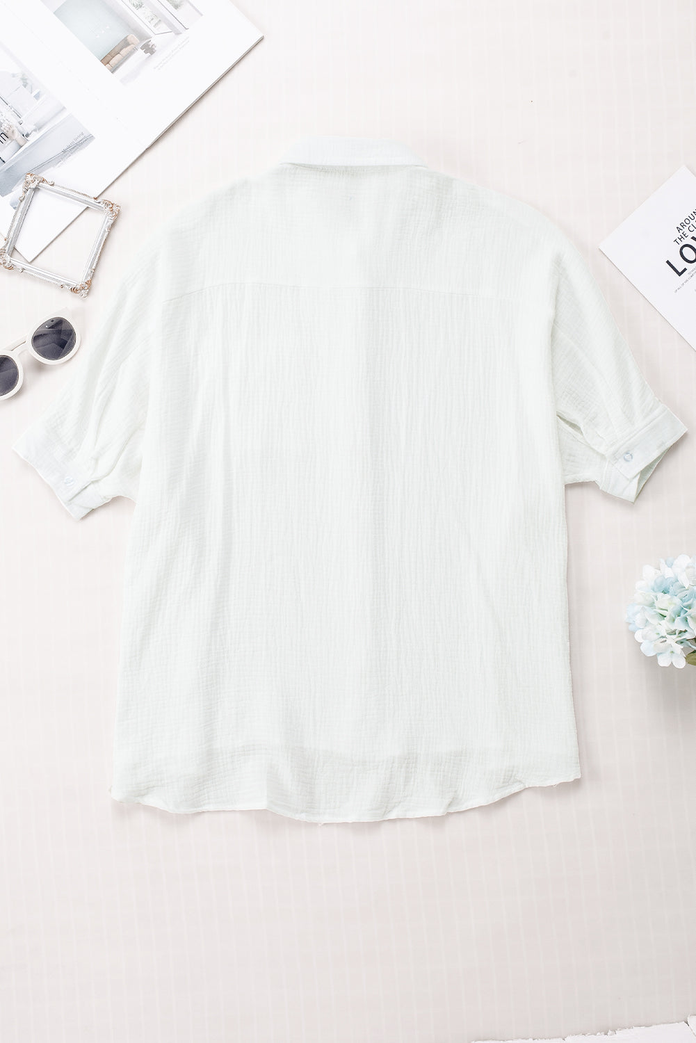 White Textured Cotton Gauze Single Chest Pocket 3 4 Sleeve Oversize Shirt