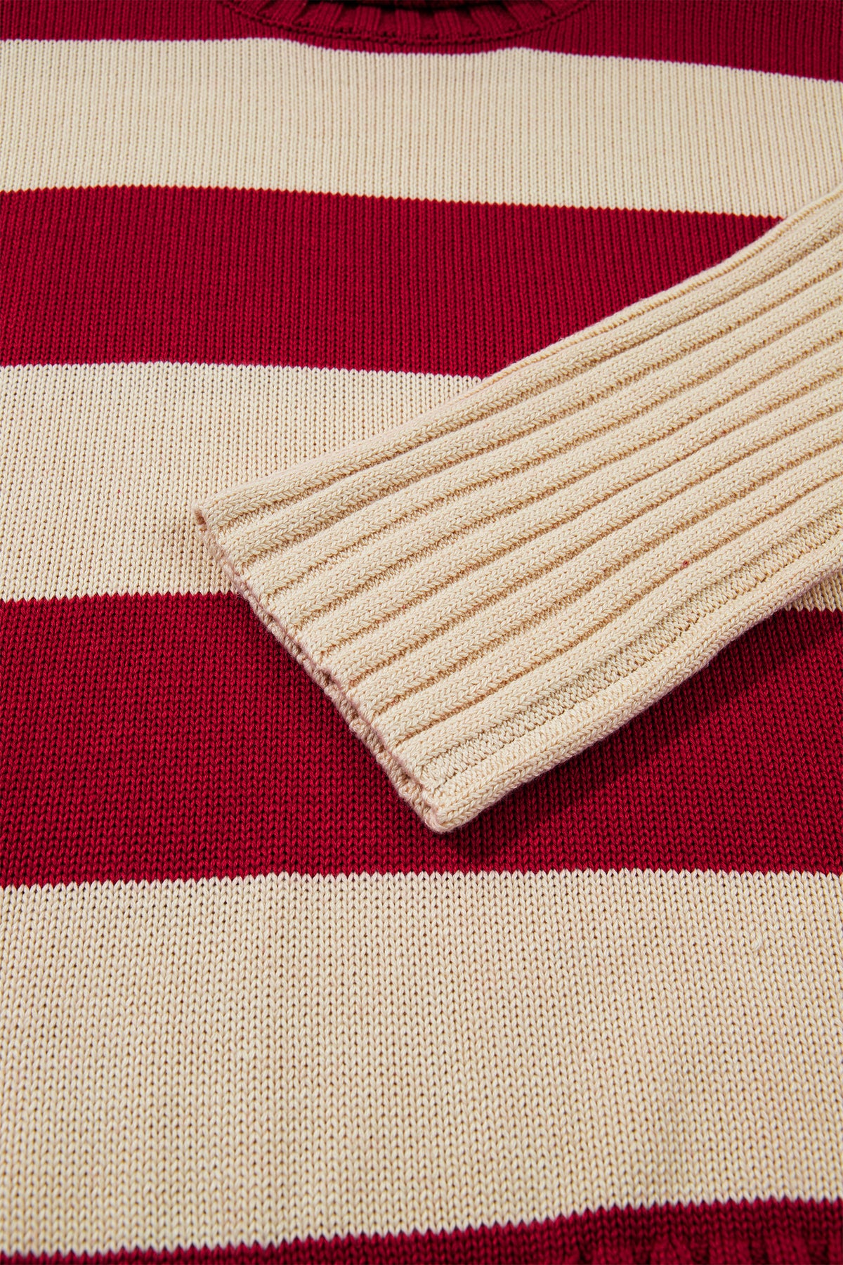 Red Stripe Ribbed Trim High Neck Relaxed Pullover Sweater