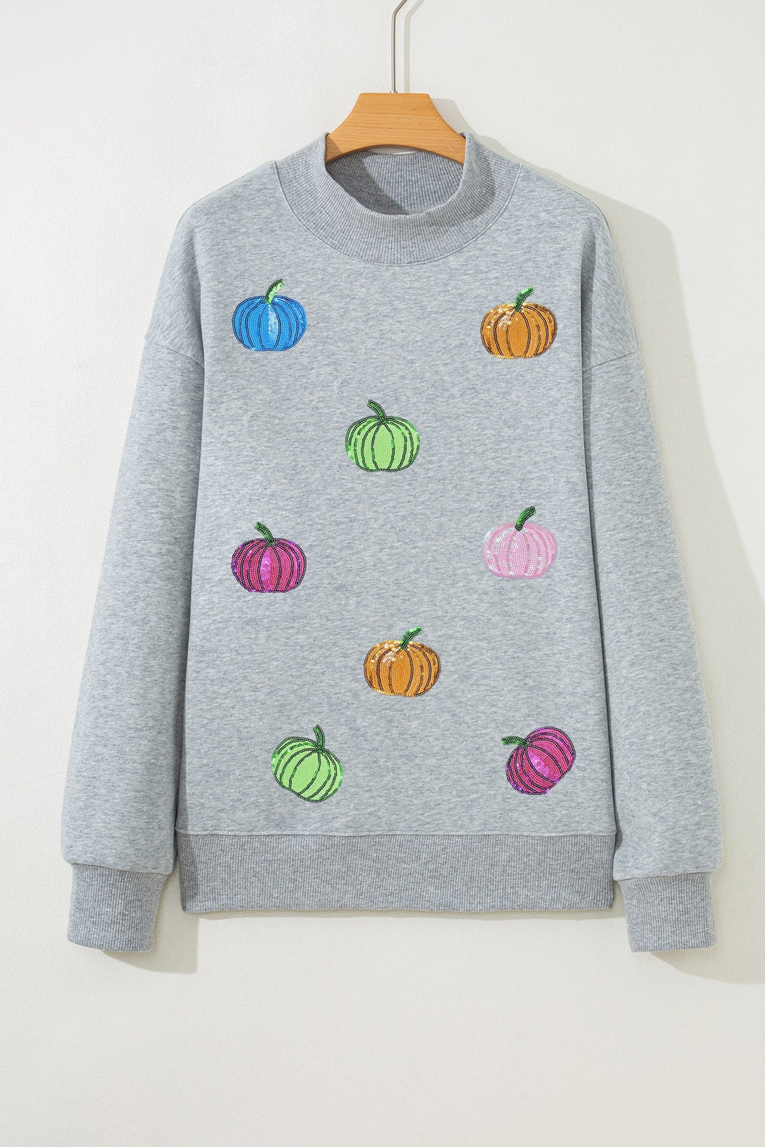 Gray Sequin Pumpkin Patch Mock Neck Baggy Sweatshirt