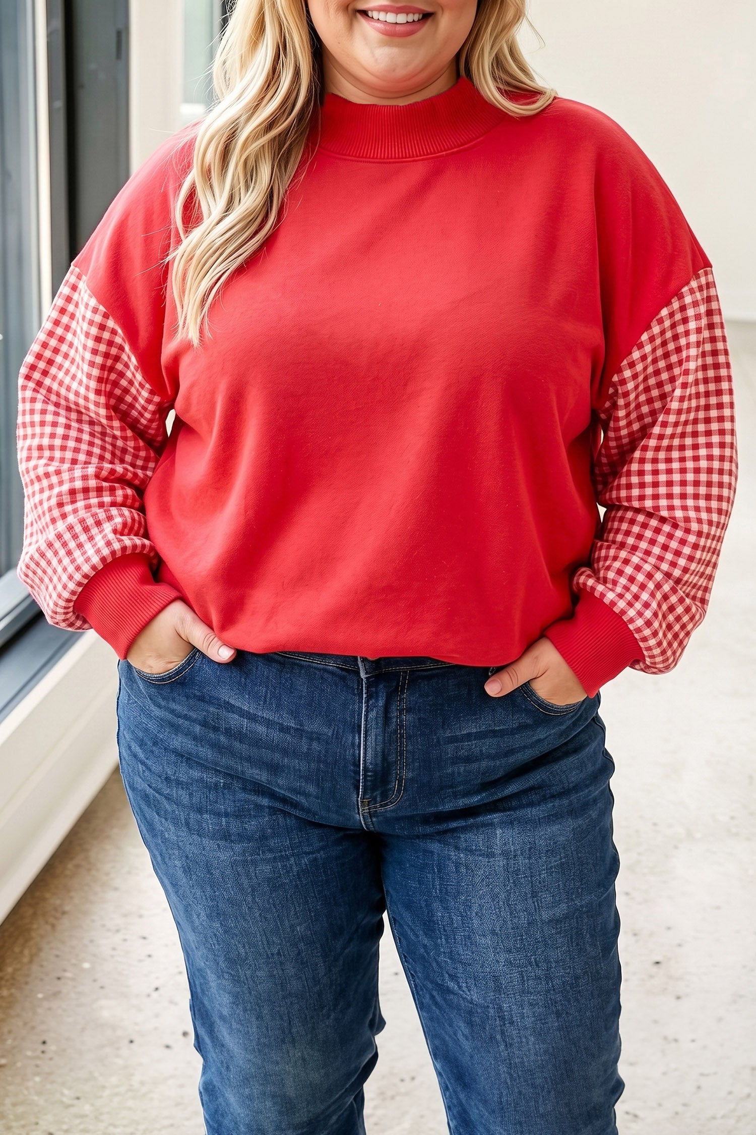 Fiery Red Patchwork Plaid Loose Fit Long Sleeve Plus Size Sweatshirt
