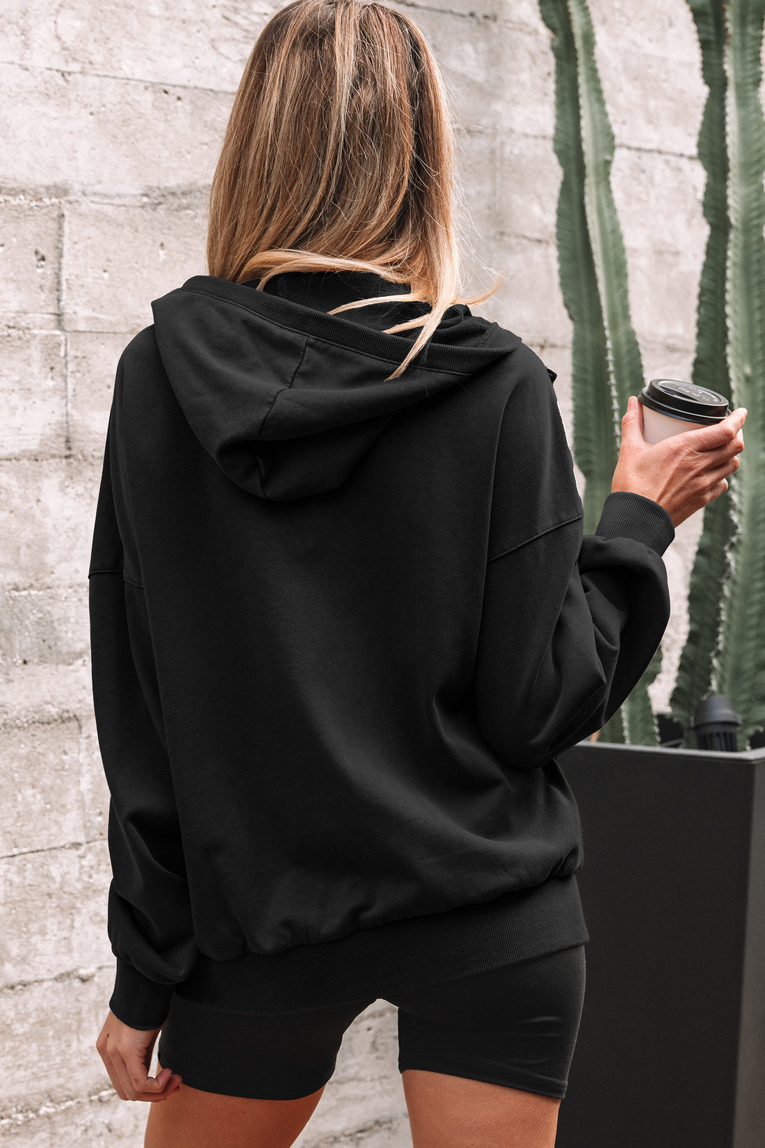 Black Half Zip Kangaroo Pocket Mineral Wash Baggy Hoodie