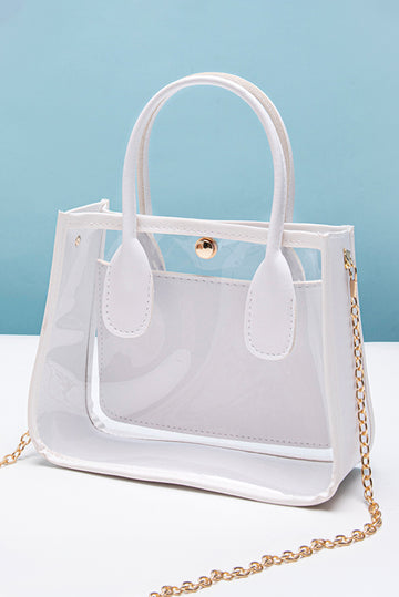 White PVC PU Leather Patchwork Chain Strap Shoulder Bag