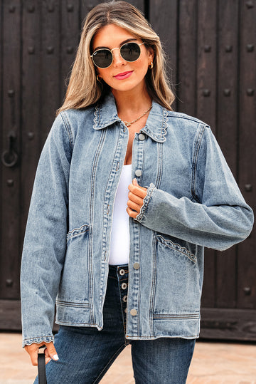 Myosotis Scallop Trim Collar Patched Pocket Button Up Mineral Washed Denim Jacket