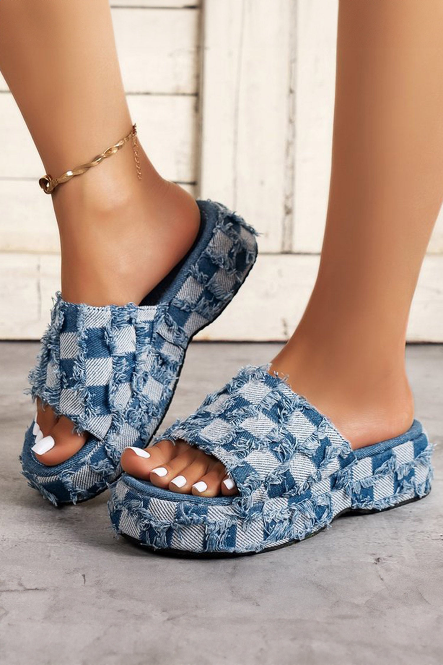 Peacock Blue Frayed Checkered Pattern Low Platform Canvas Slippers