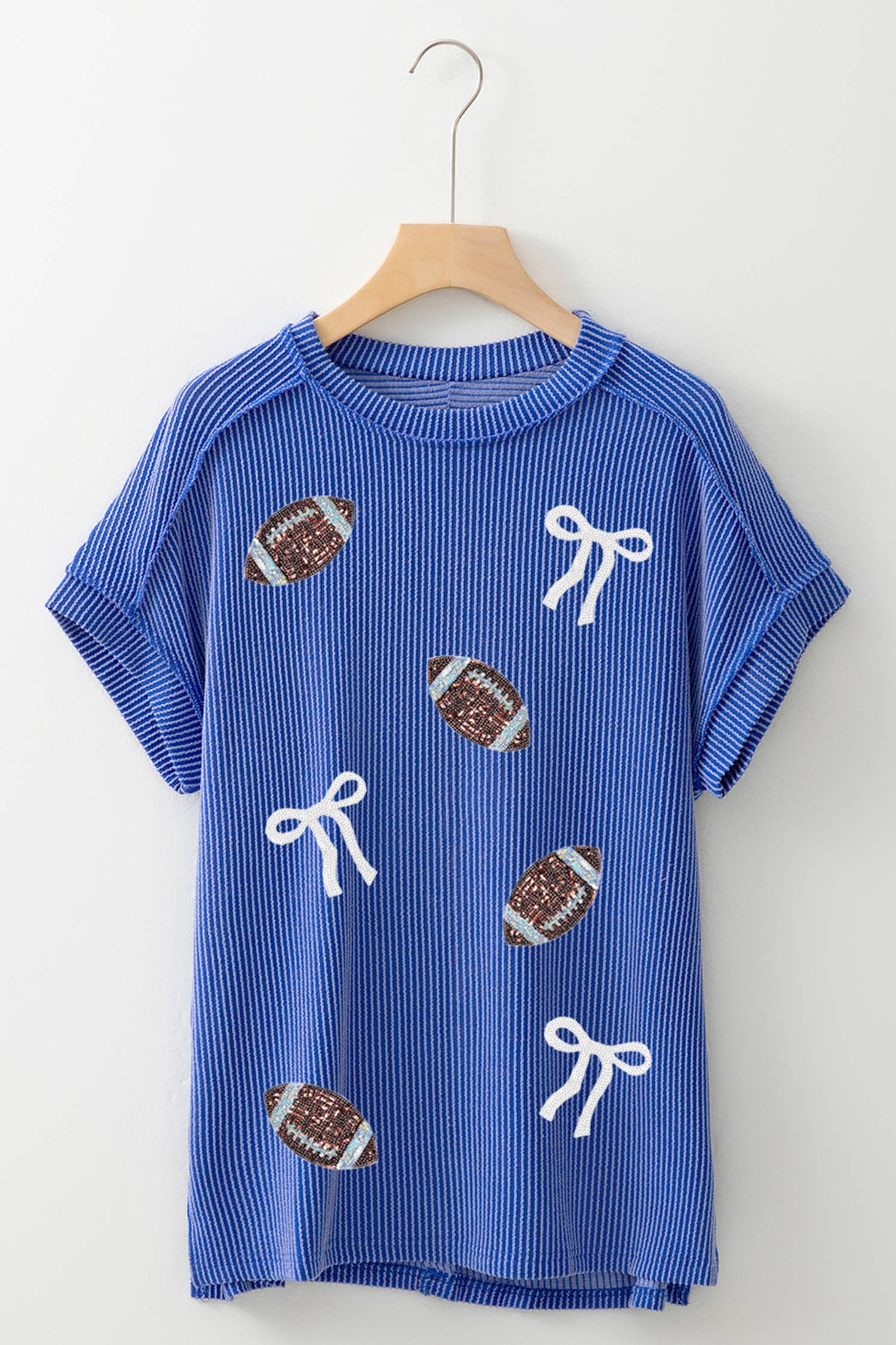 Dark Blue Sequin Bow Rugby Detail Twisted Ribbed Casual Game Day Top