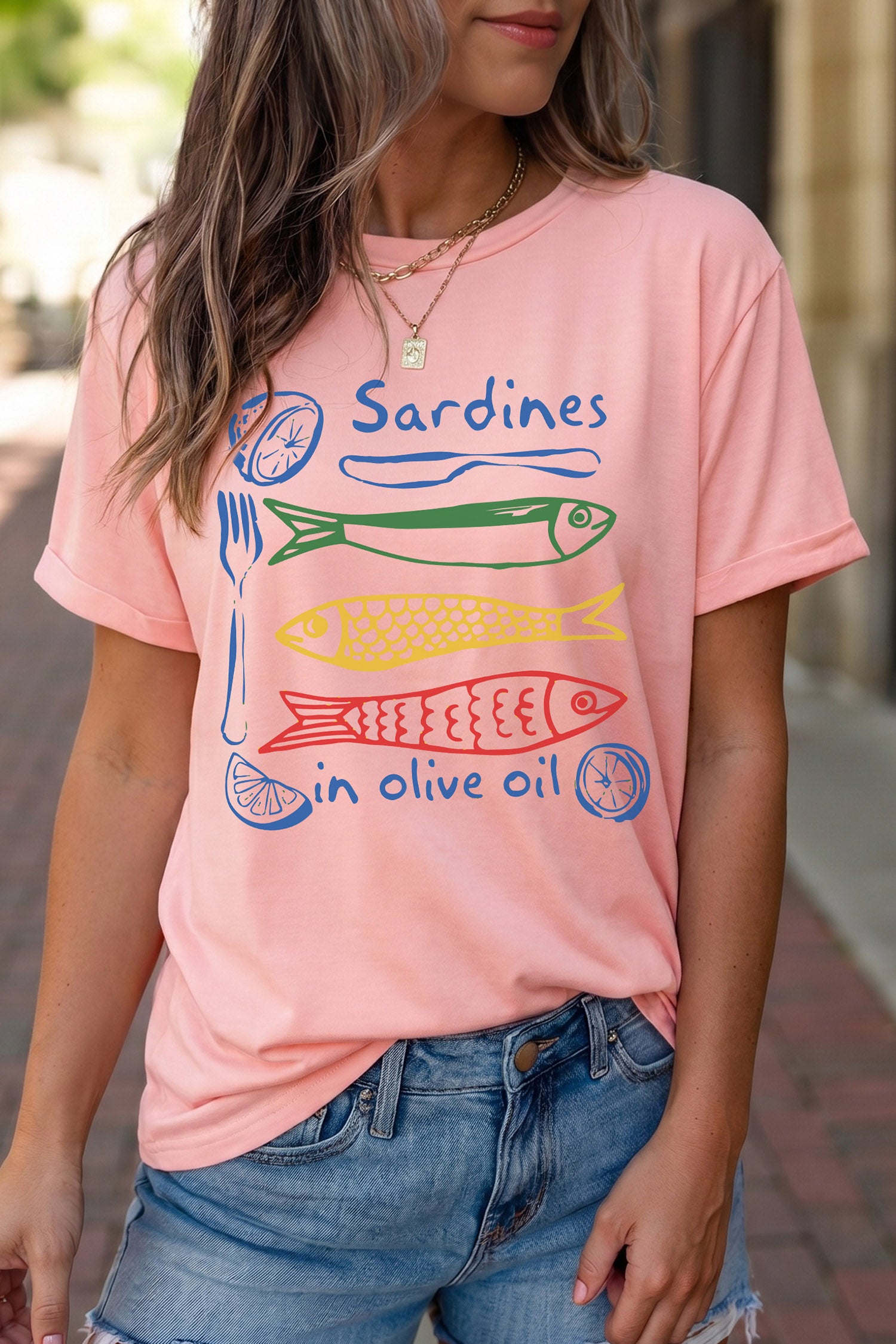 Pink Sardines in Olive Oil Graphic Casual T Shirt