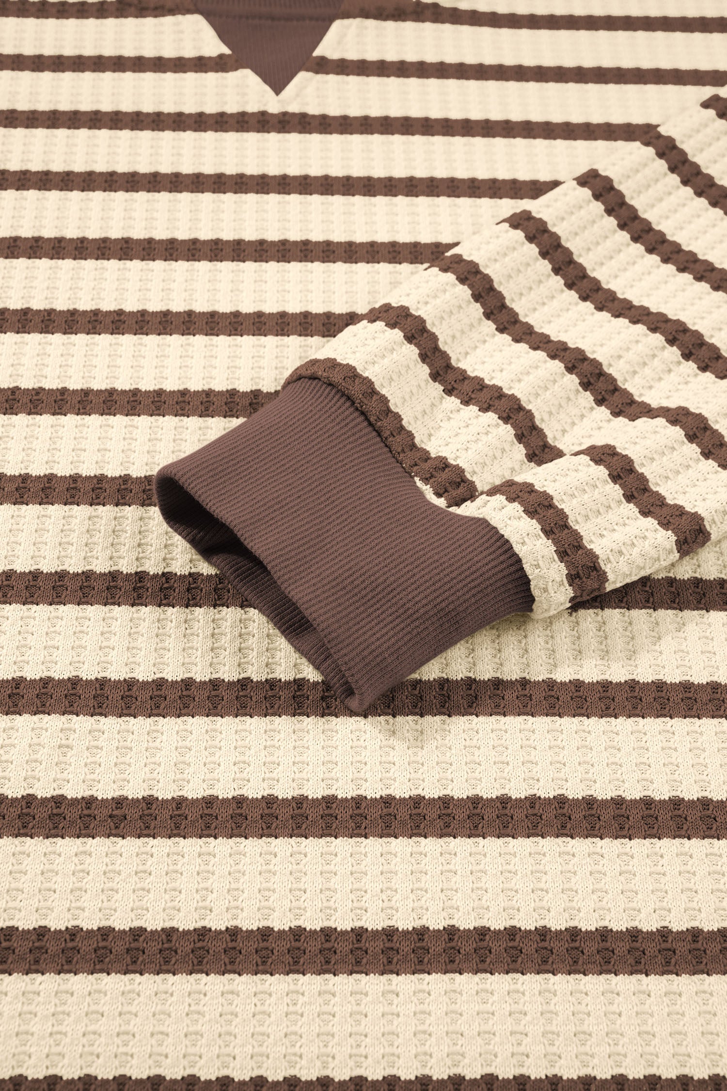 Brown Stripe Patchwork Ribbed Cuff Casual Pullover Sweatshirt