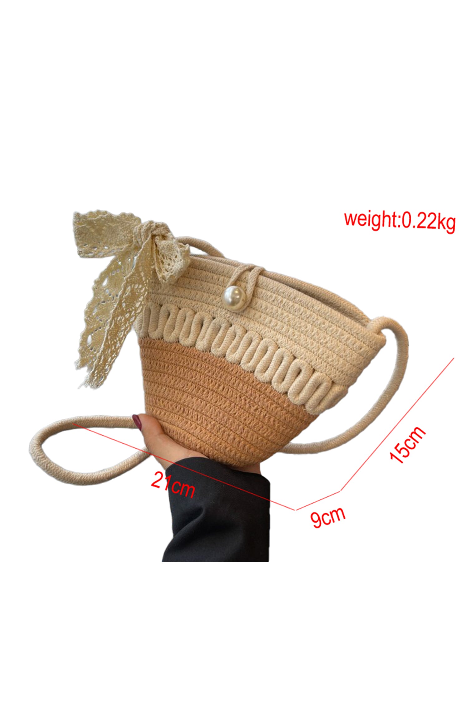 Light French Beige Crochet Bucket Bag with Lace Bow and Pearl Detail