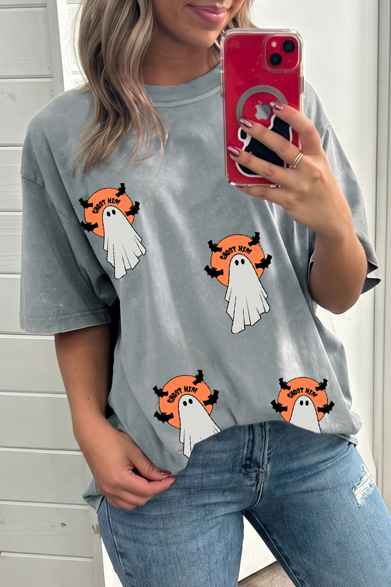 Gray Halloween Ghost Print Short Sleeve Loose Fit T Shirt