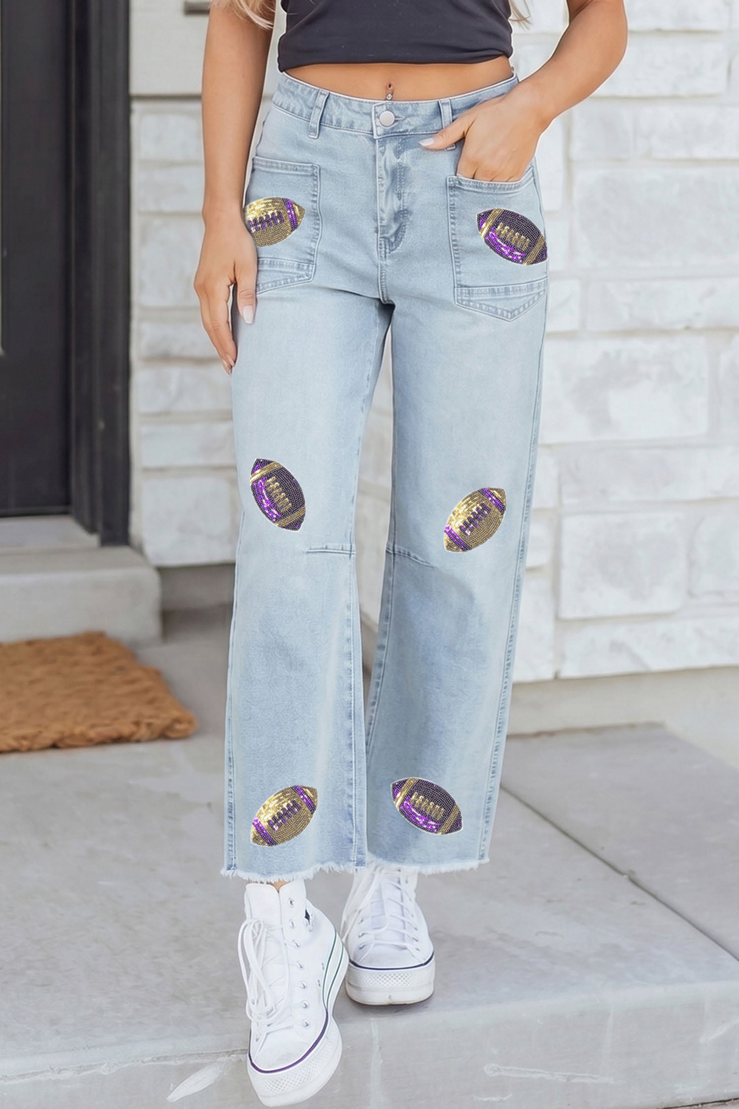Beau Blue Sequin Rugby Patch Graphic Ankle Length Casual Jeans
