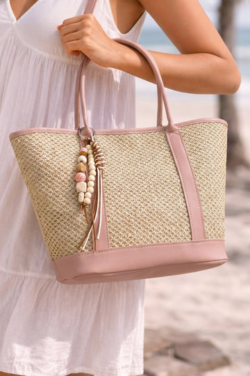 Pink Straw Woven Crochet Contrast Leather Trim Boho Tote Bag