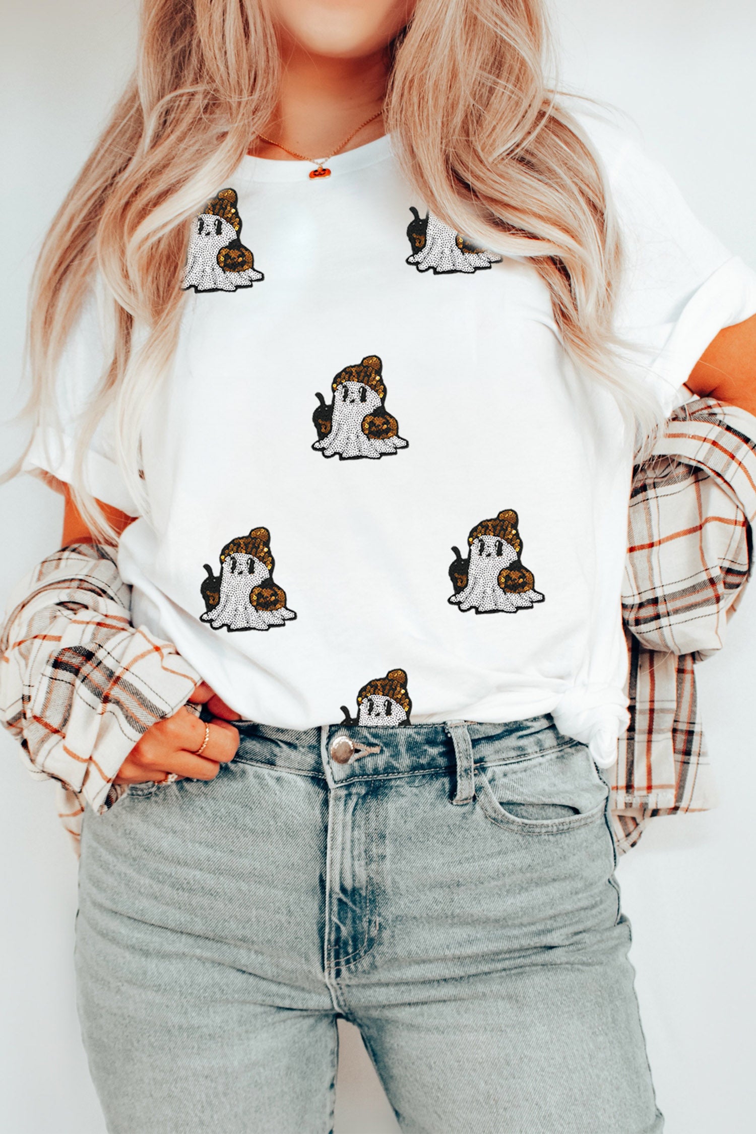White Sequin Ghost Print Short Sleeve Casual Halloween Graphic T-Shirt