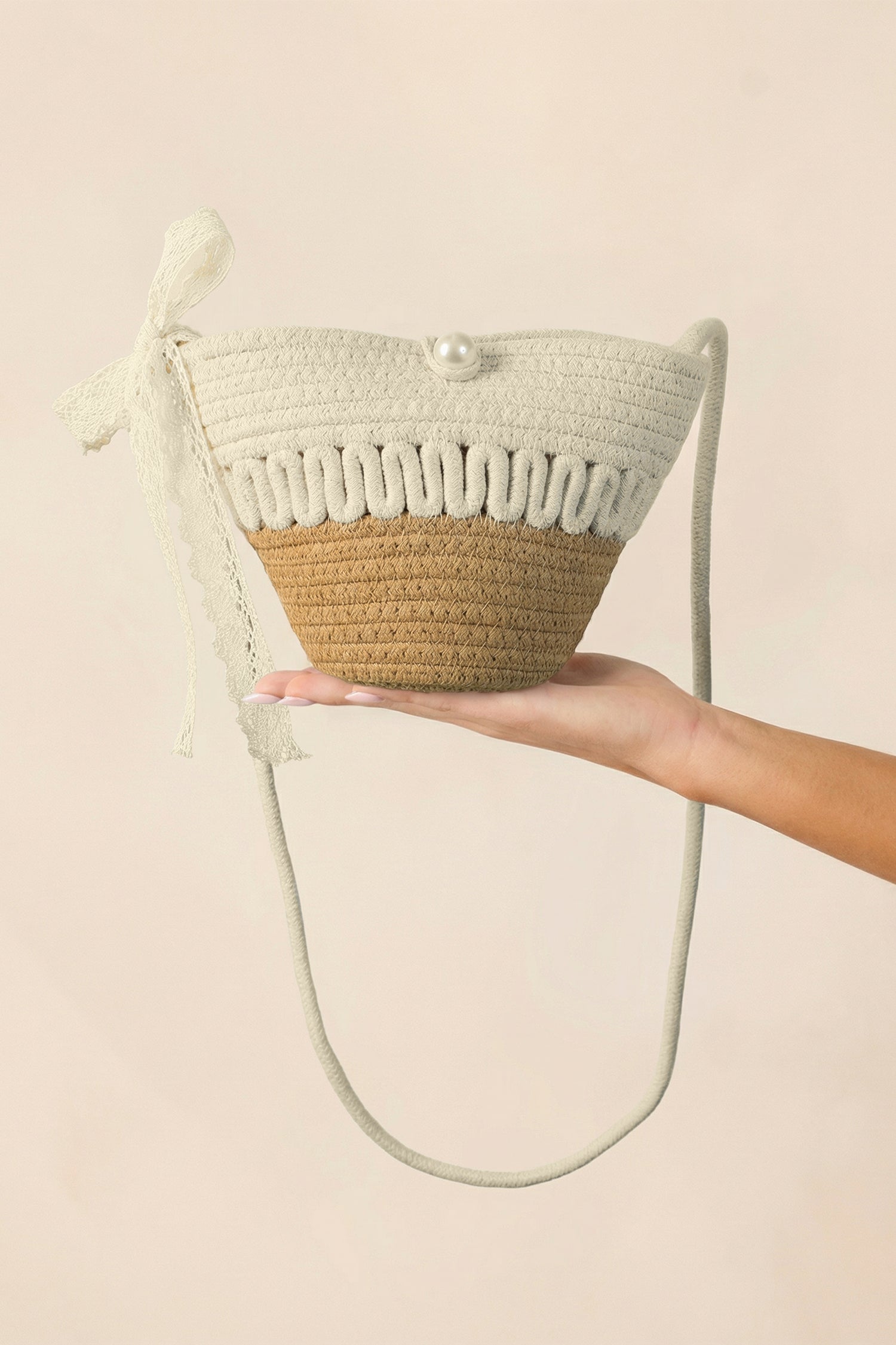 Light French Beige Crochet Bucket Bag with Lace Bow and Pearl Detail