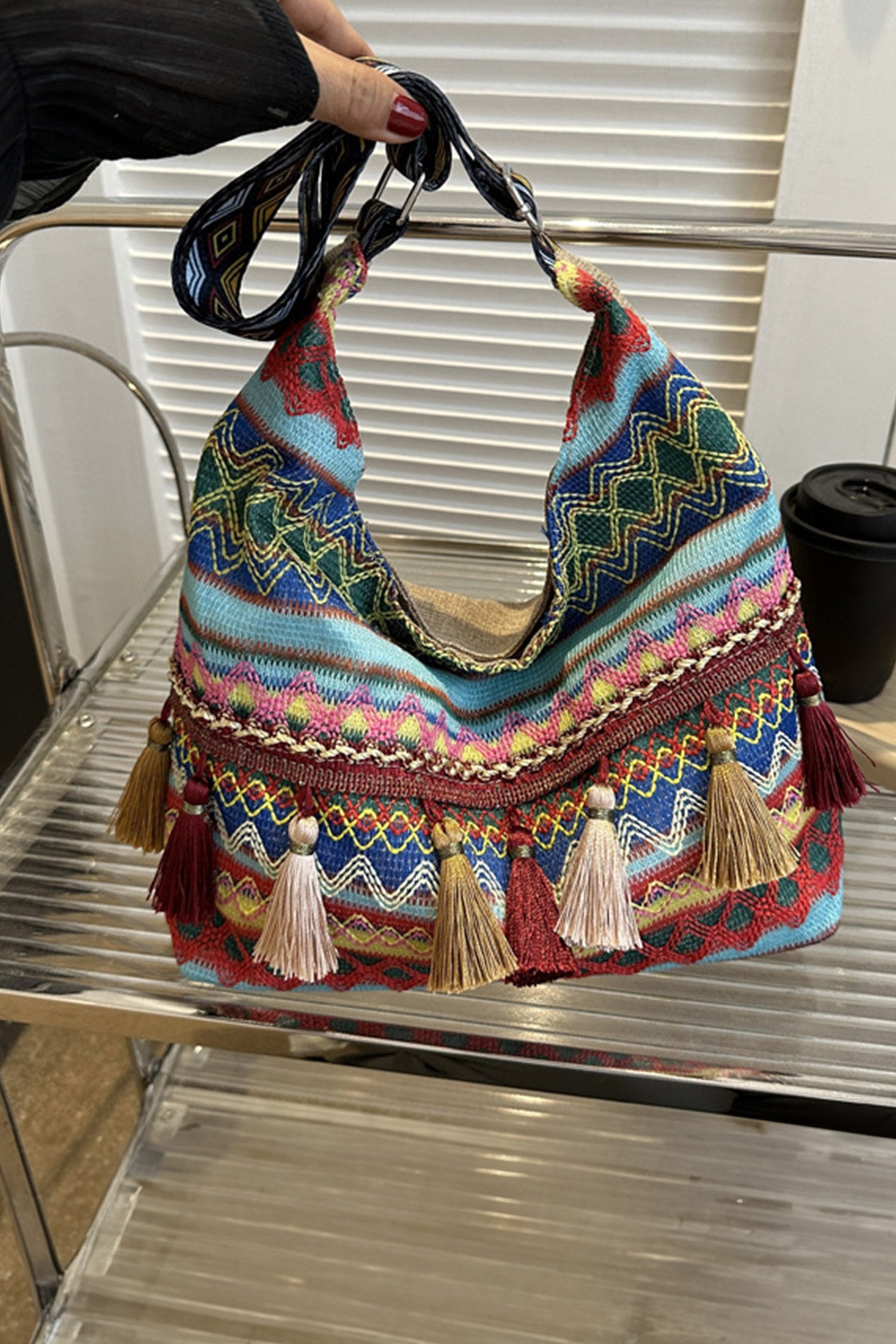 Beau Blue Boho Geometric Pattern Tassel Detail Canvas Tote Bag