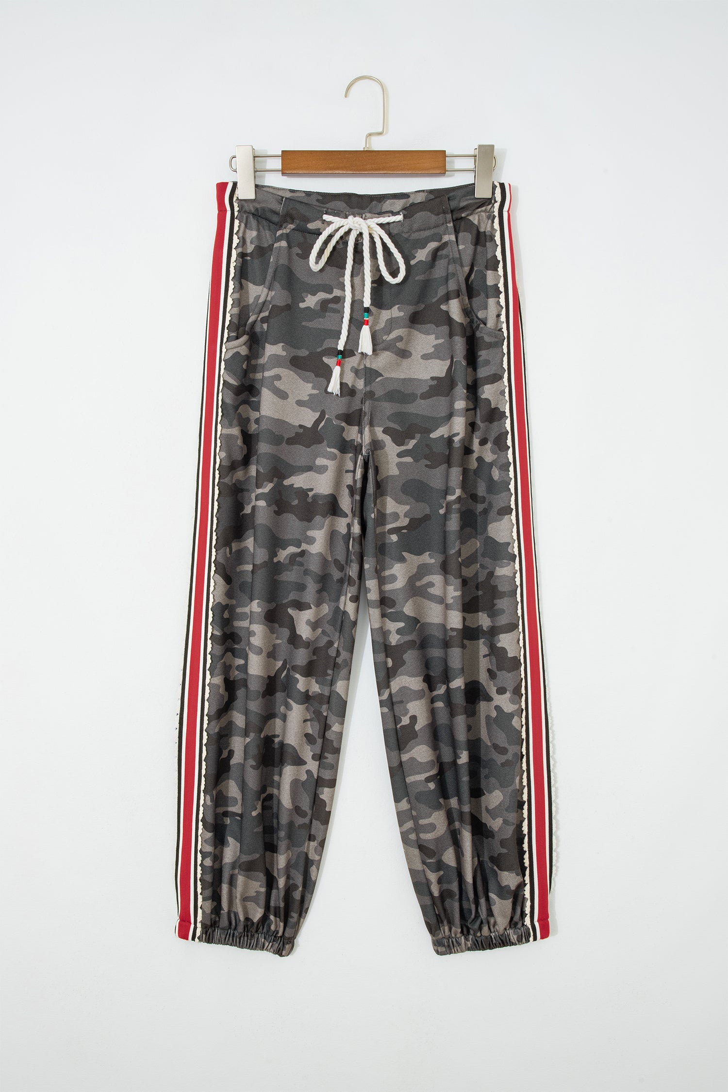 Green Camouflage Print Striped Side Panel Patchwork Drawstring Pants