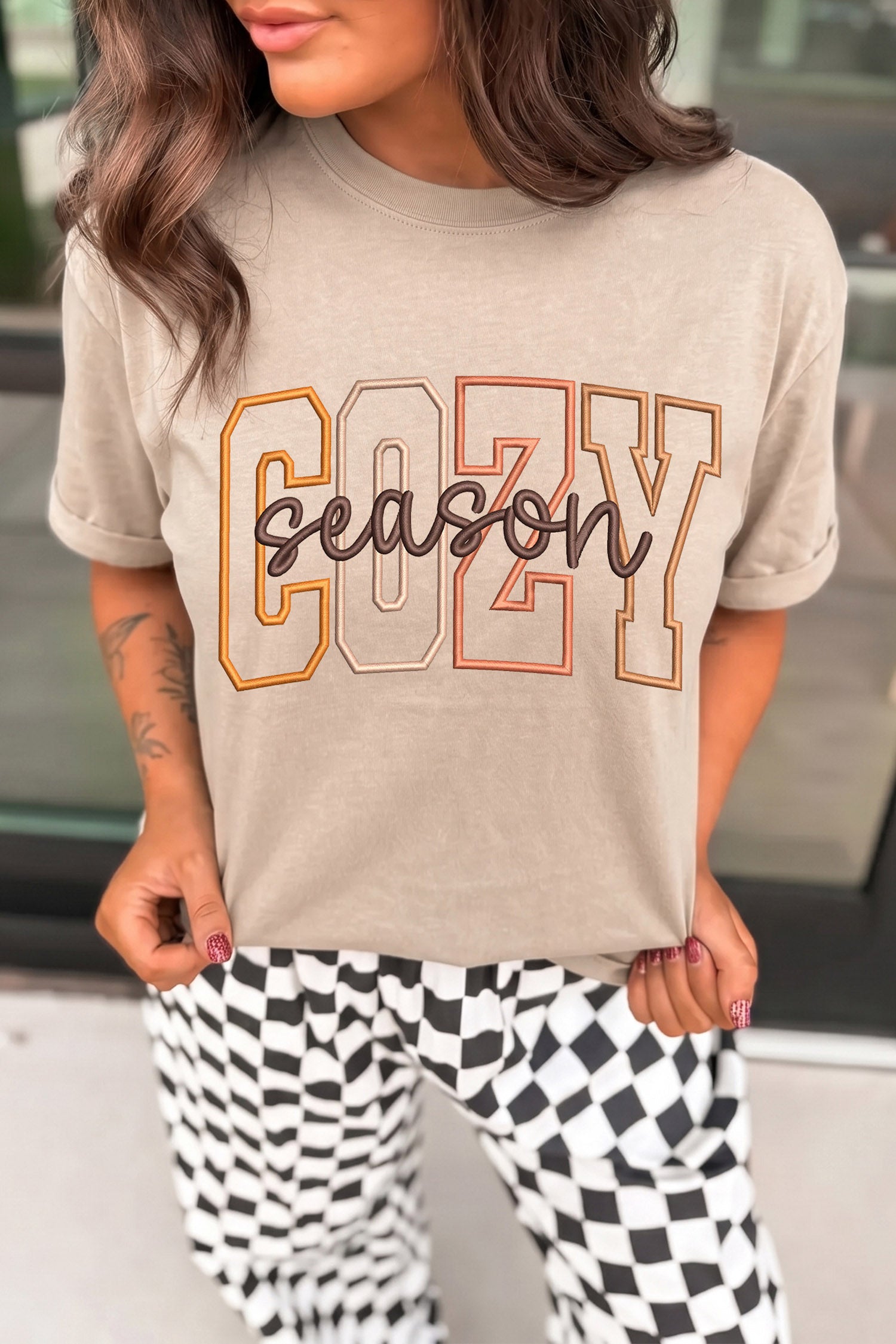 Khaki Embroidered Slogan Short Sleeve Graphic Tee