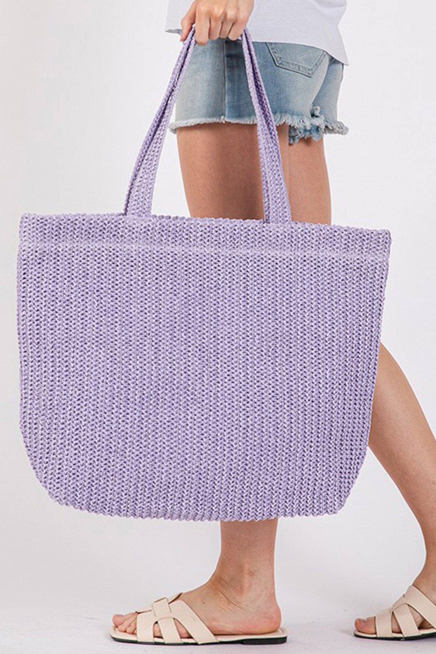 Wisteria Solid Color Straw Woven Summer Beach Tote Bag