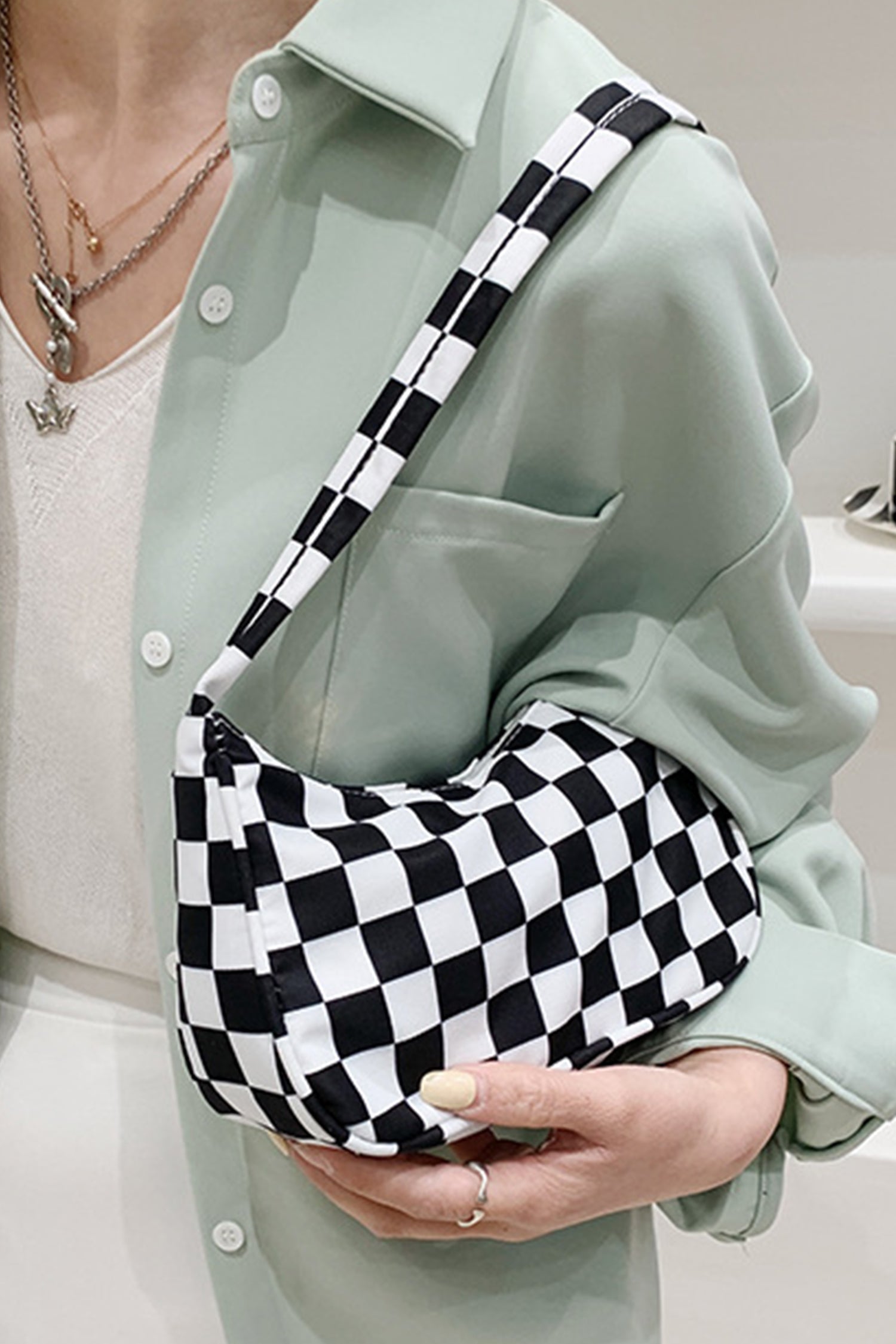 White Plaid Printed Minimalist Shoulder Bag