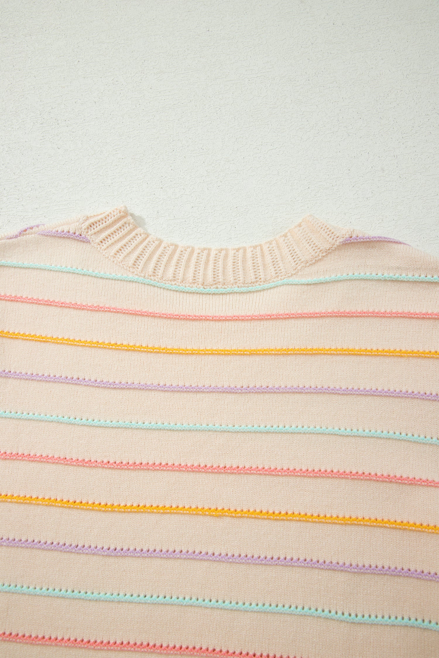 Beige Stripe Colorful Stripes Crew Neck Knit Sweater