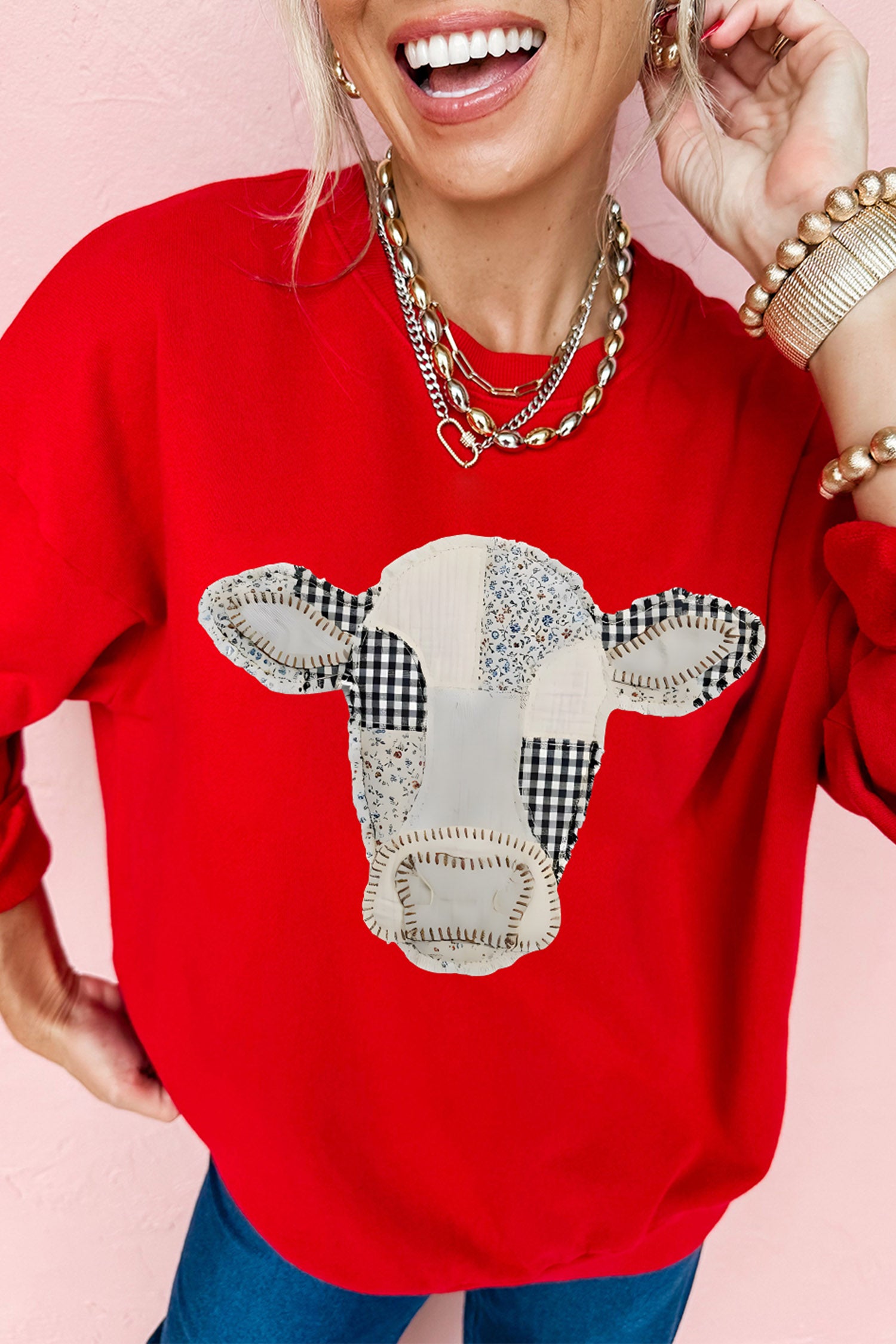 Red Western Patchwork Cow Print Drop Shoulder Graphic Sweatshirt