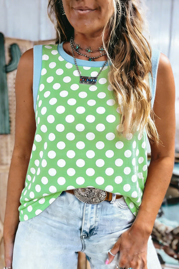Green Polka Dot Contrast Trim Round Neck Loose Tank Top
