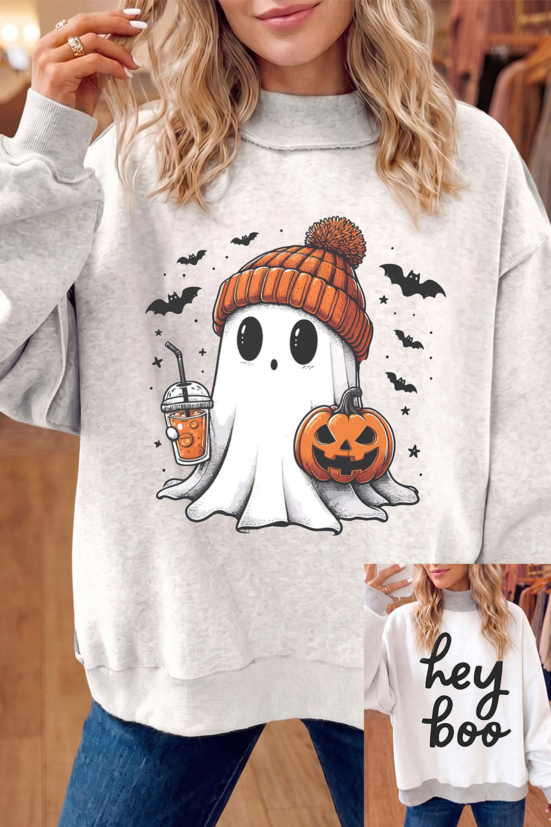 Light Grey Sequin Pumpkin Face Print Mock Neck Tunic Sweatshirt