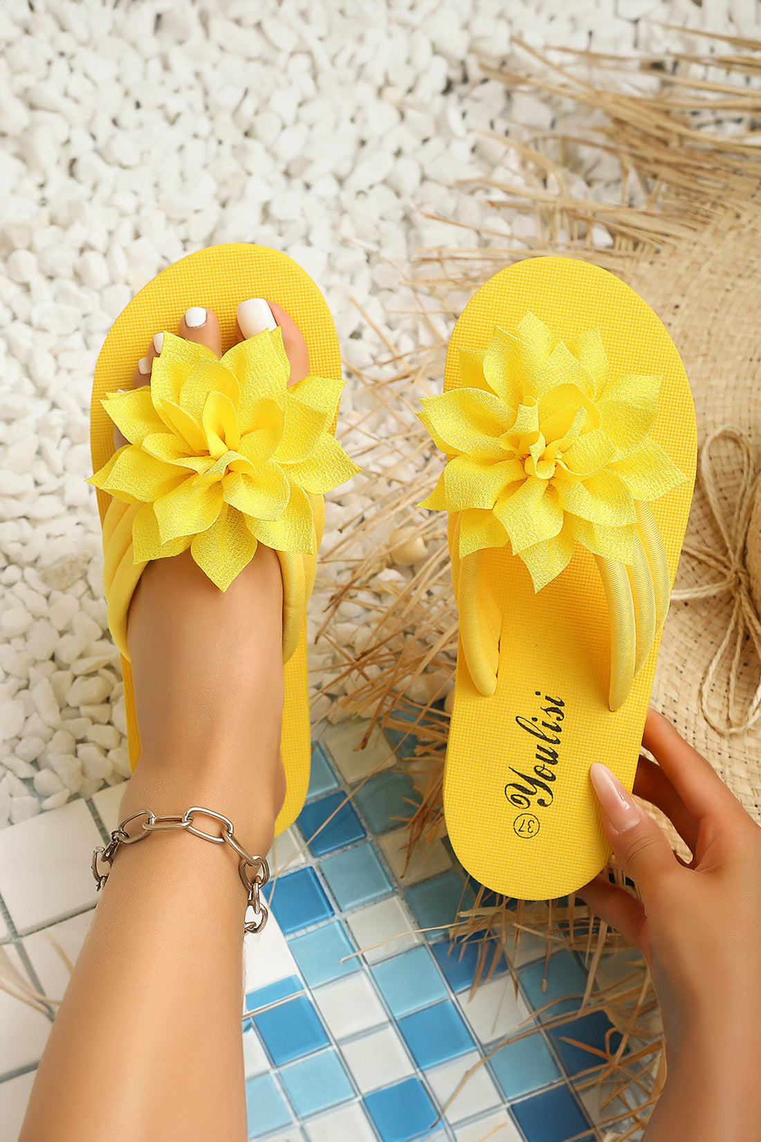 Yellow Delicate Flower Beach Vacation Flip Flops