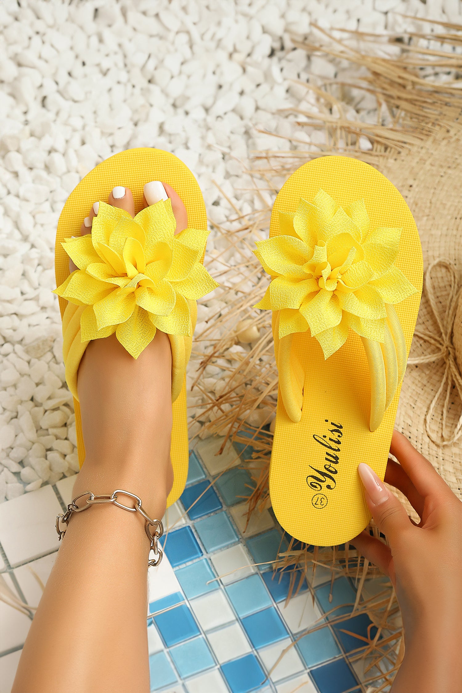 Yellow Delicate Flower Beach Vacation Flip Flops