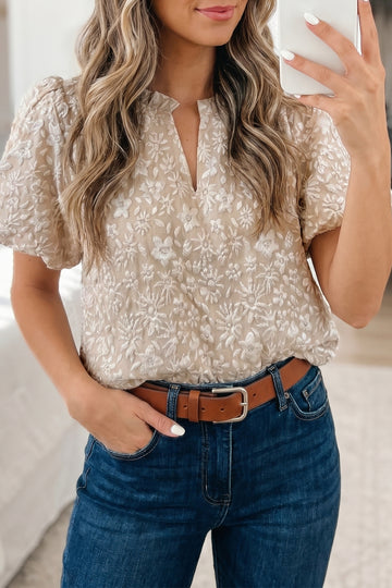 Beige Floral Textured Jacquard Puff Sleeve Blouse