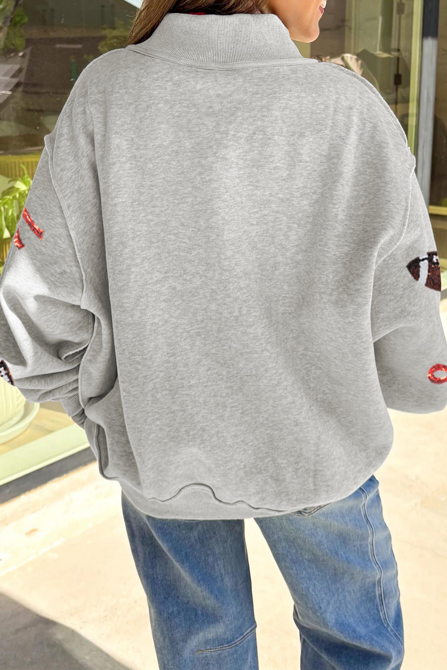 Light Grey Sequin Rugby Bow Graphic Mock Neck Relaxed Pullover Sweatshirt