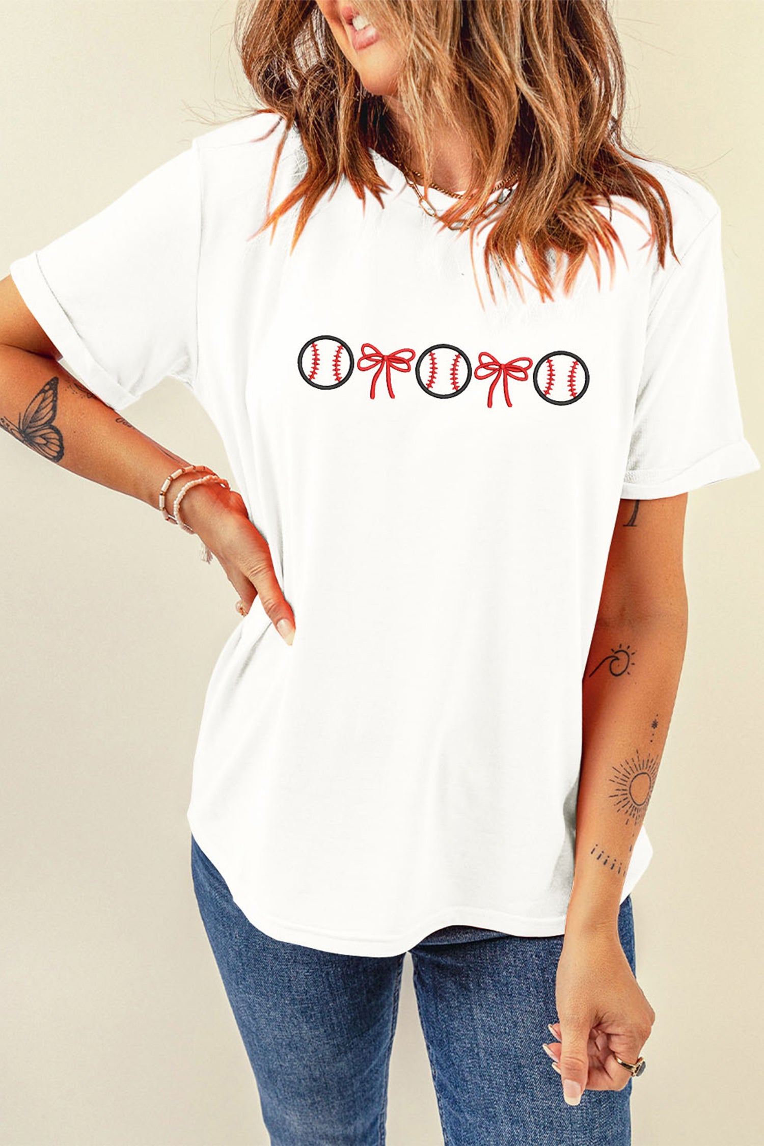 White Baseball Bow Embroidered Graphic Tee