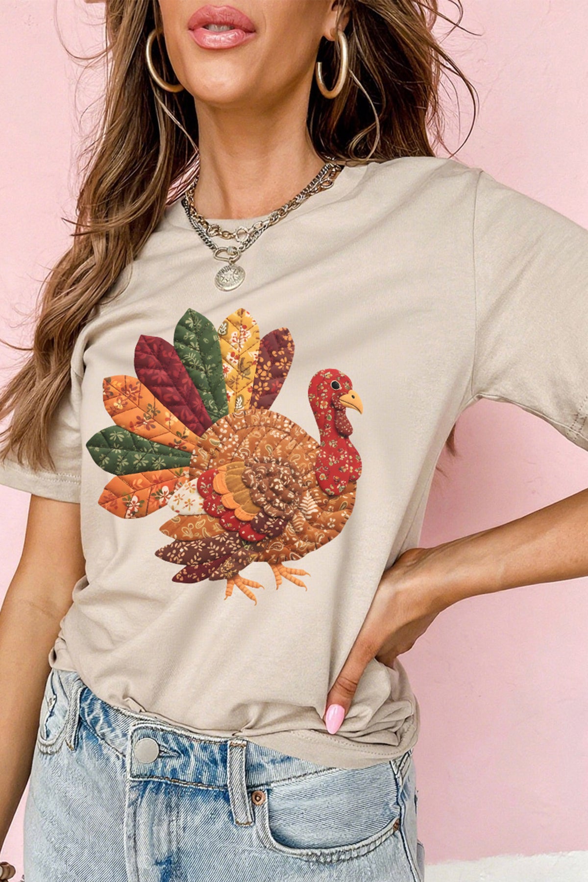 Khaki Thanksgiving Turkey Graphic Casual T Shirt