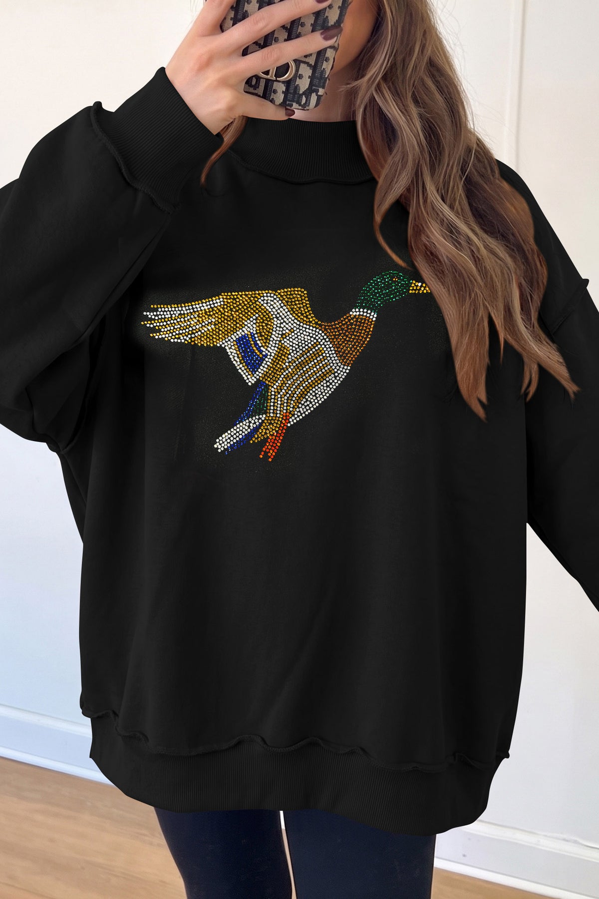Black Rhinestone Flying Mallard Graphic Mock Neck Tunic Sweatshirt