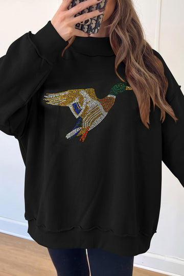 Black Rhinestone Flying Mallard Graphic Mock Neck Tunic Sweatshirt