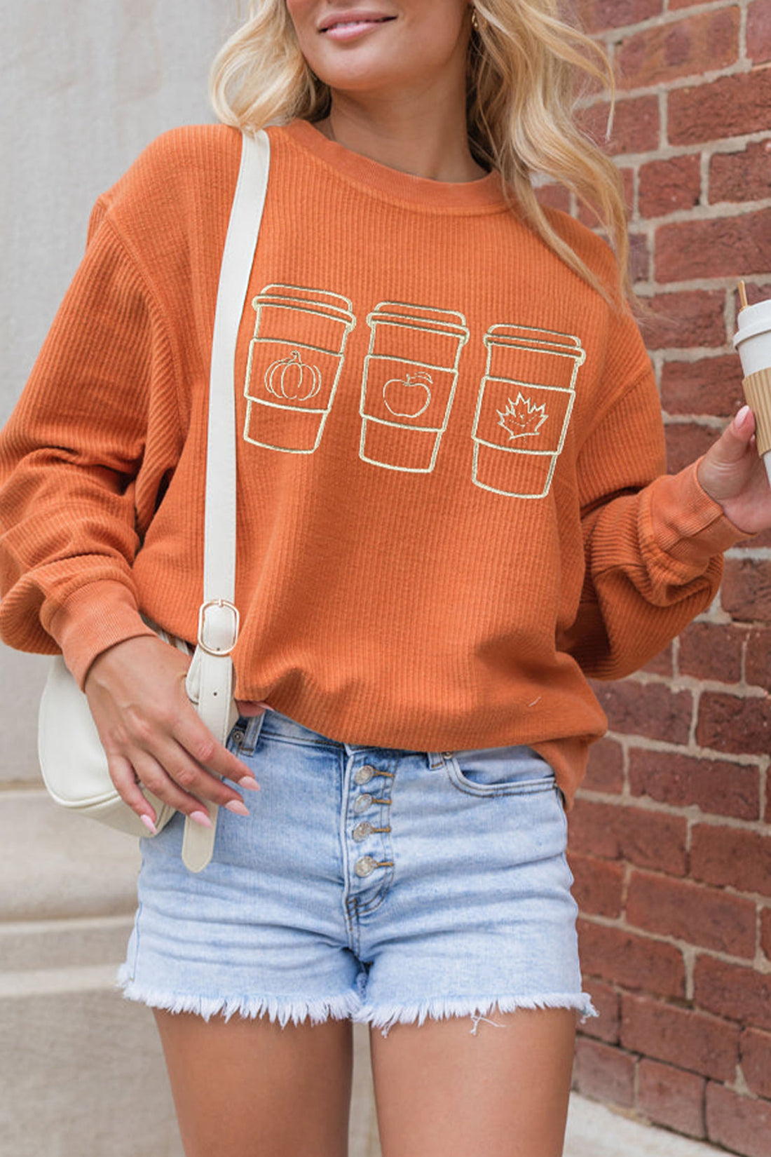 Orange Ribbed Texture Embroidered Fall Drinks Graphic Sweatshirt