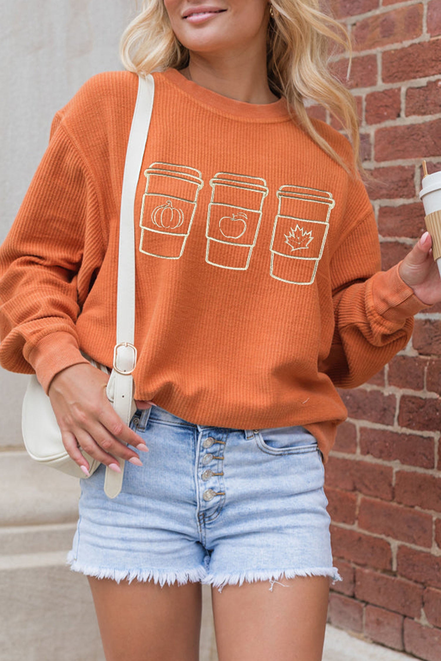 Orange Ribbed Texture Embroidered Fall Drinks Graphic Sweatshirt