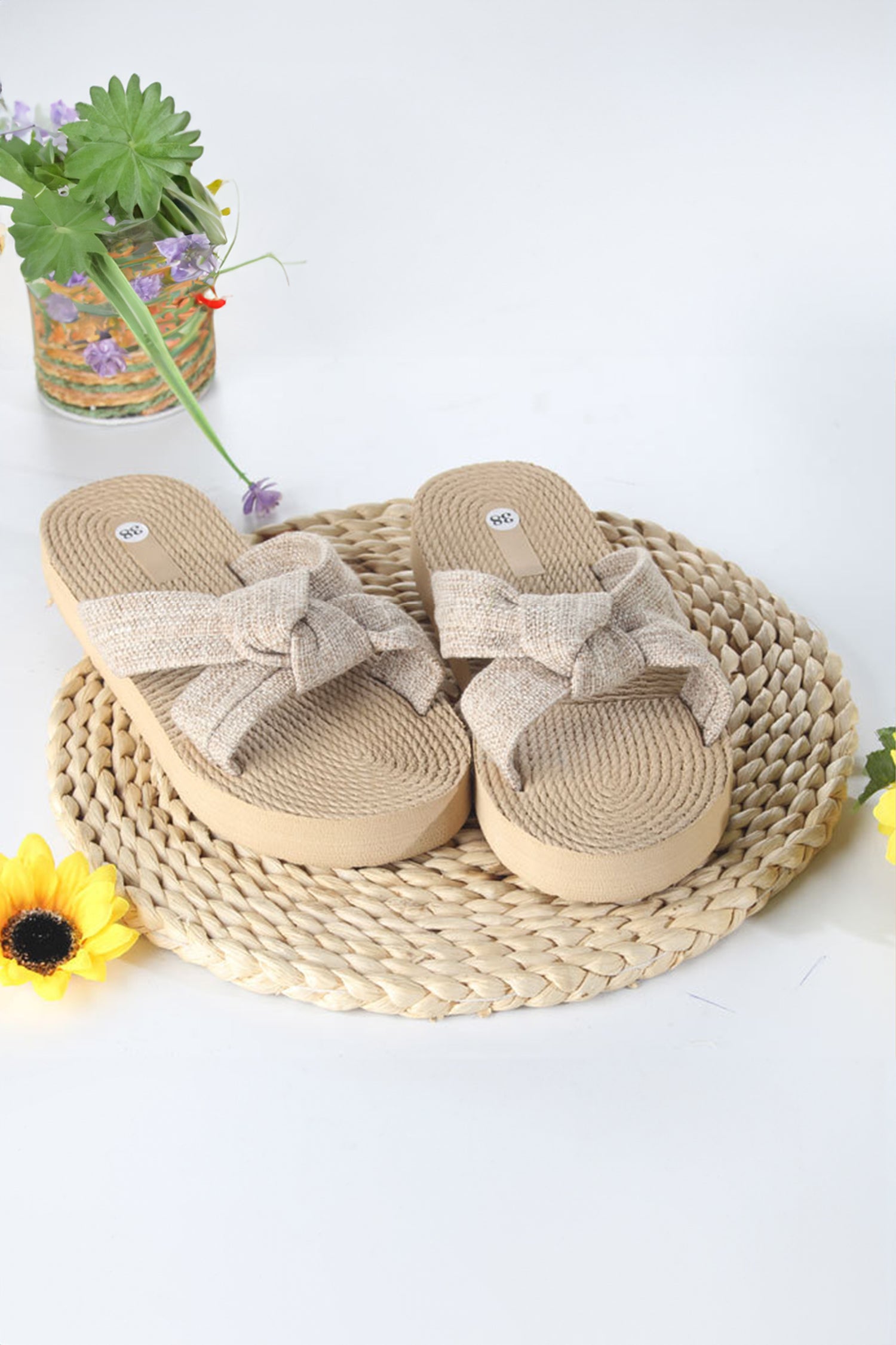Parchment Boho Linen Bow Raffia Woven Light PVC Slippers