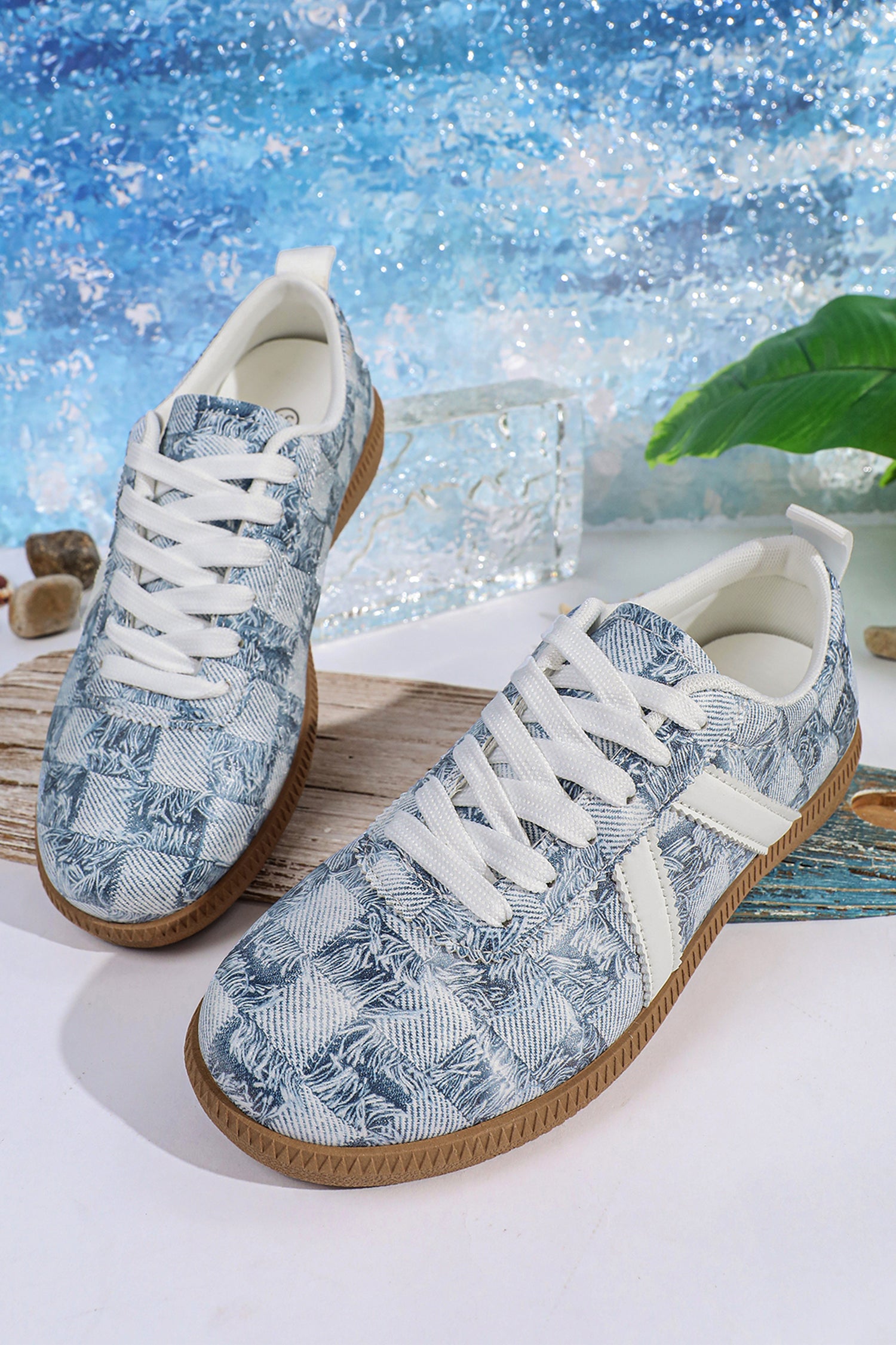 Ashleigh Blue Stylish Denim Checkered Print Lace Up Flat Shoes