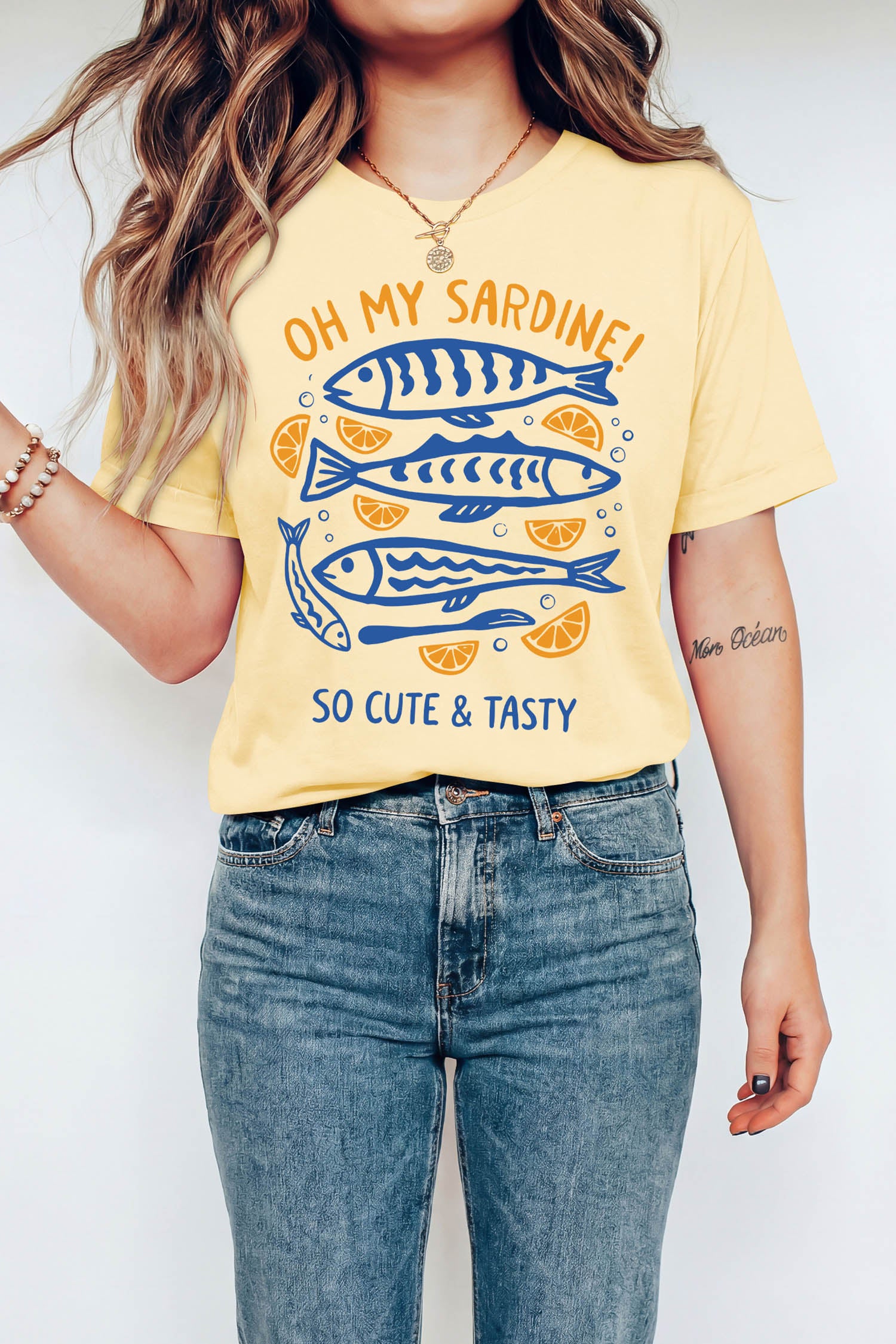 Yellow Cream OH MY SARDINE Lemon Fish Printed T Shirt