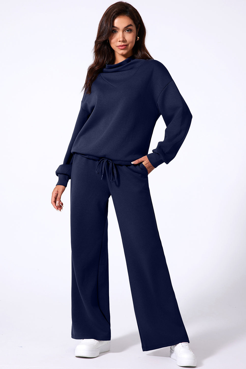 Navy Blue Solid Color Cowl Neck Drawstring Pullover Wide Leg Athleisure Pants Set