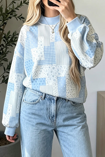 Sky Blue Patchwork Floral Print Mock Neck Long Sleeve Sweatshirt