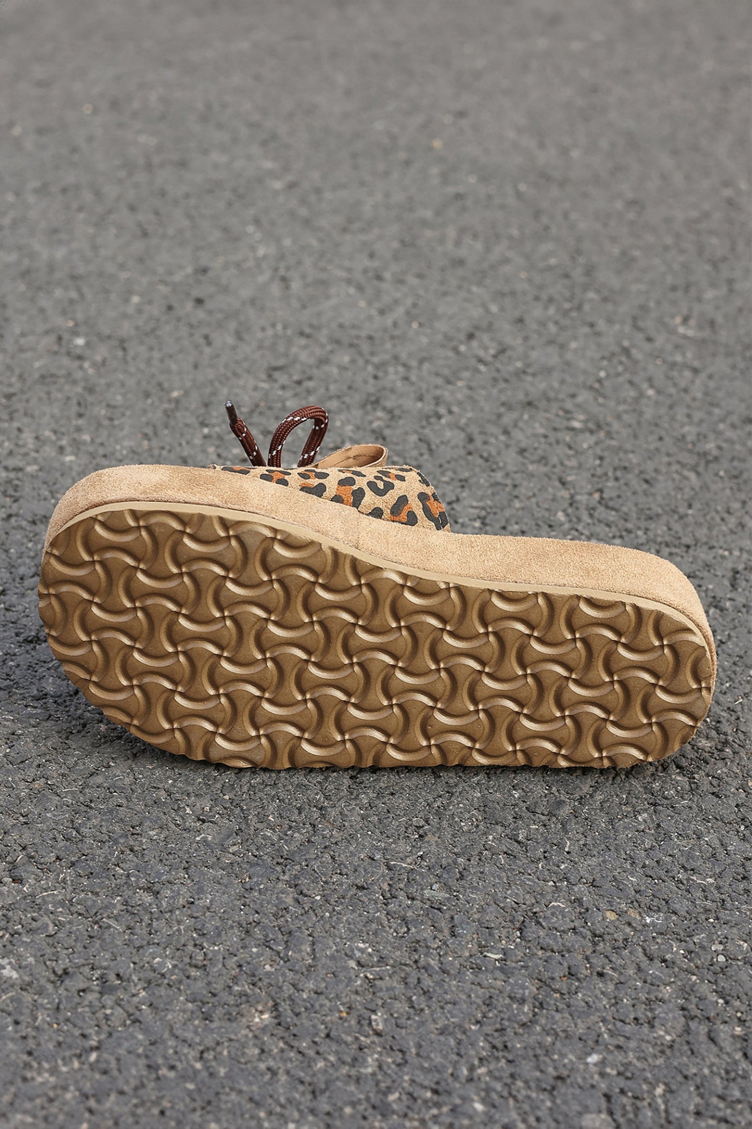 Coffee Leopard Faux Suede Slashed Lace-up Detail Platform Slippers