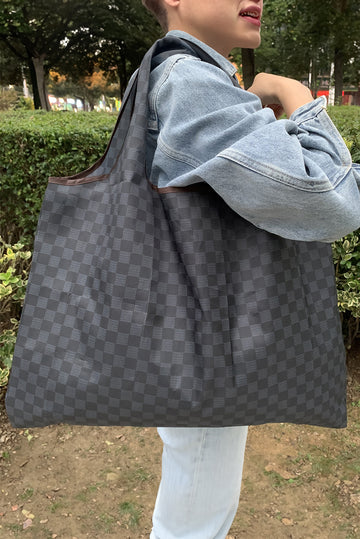 Black Trendy Checkered Pattern Large Portable Tote Bag