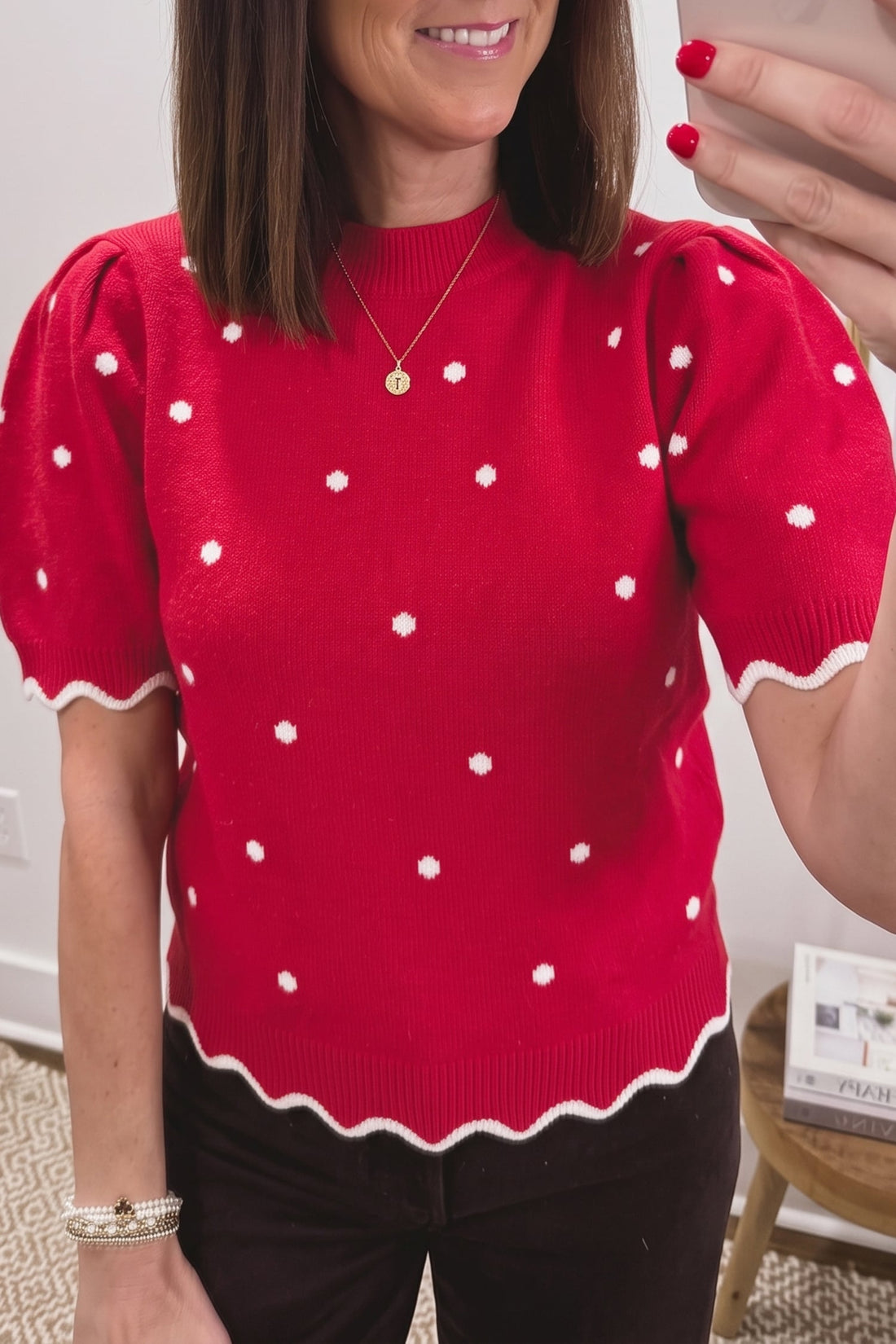 Fiery Red Polka Dot Knit Contrast Scalloped Trim Short Sleeve Mock Neck Sweater